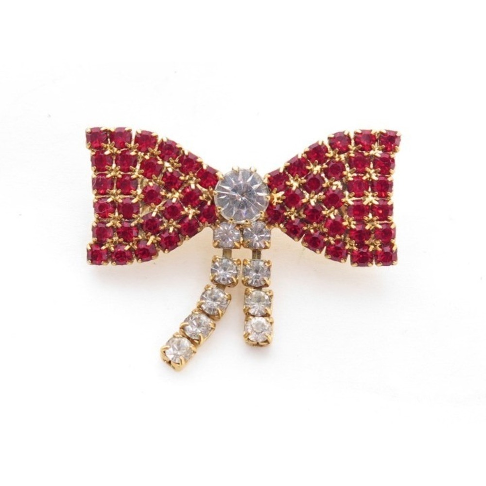 Vintage Red Rhinestone Gold Bow Pin